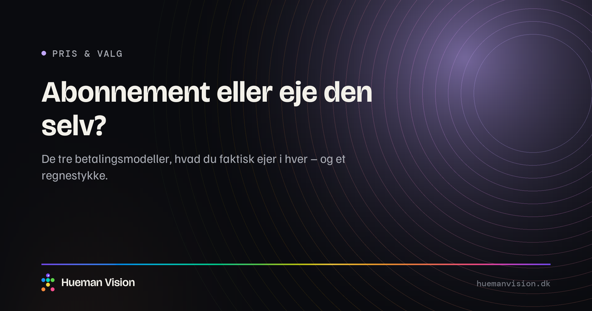 Mørkt grafisk banner med overskriften “Abonnement eller eje den selv?”