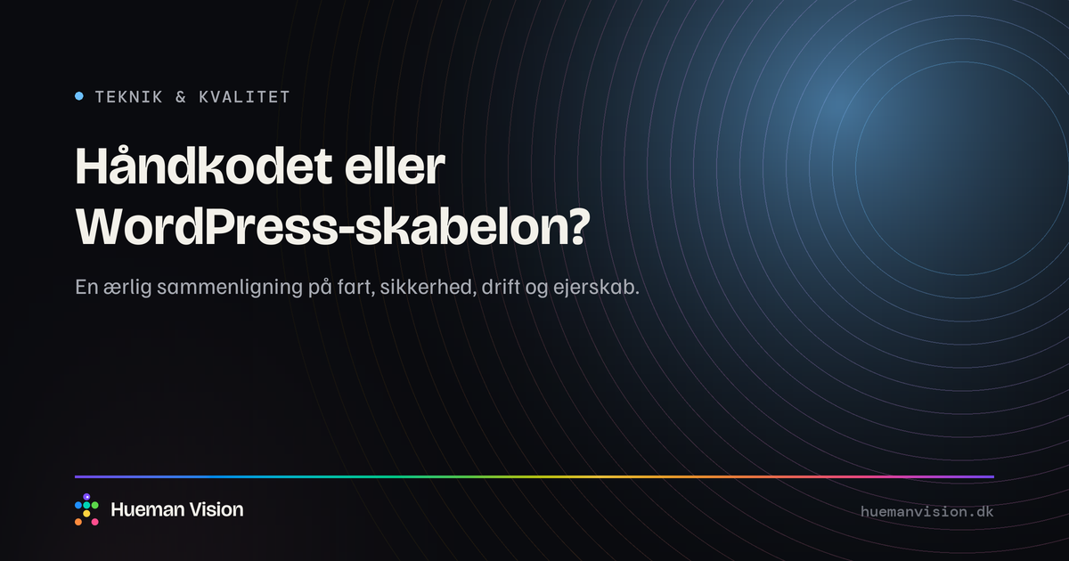 Mørkt grafisk banner med overskriften “Håndkodet eller WordPress-skabelon?”
