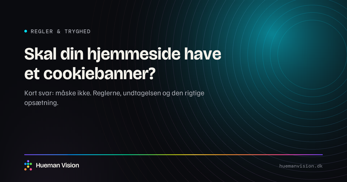 Mørkt grafisk banner med overskriften “Skal din hjemmeside have et cookiebanner?”