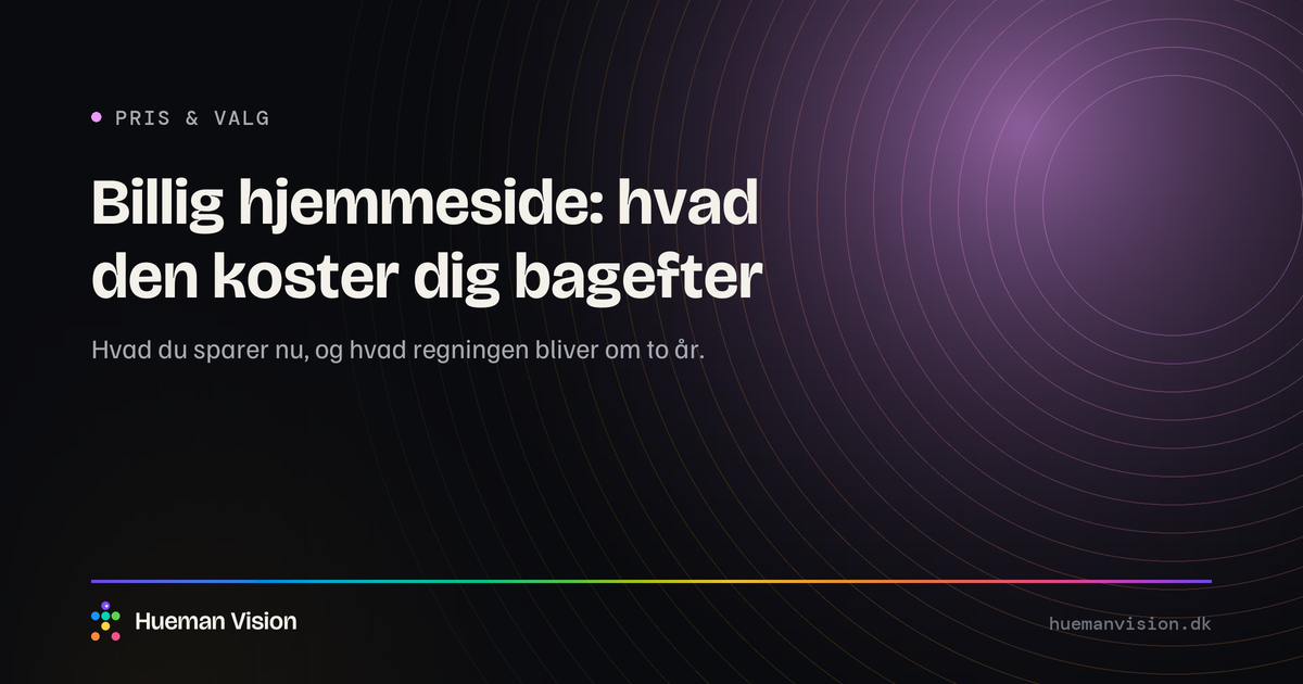 Mørkt grafisk banner med overskriften “Billig hjemmeside: hvad den koster dig bagefter”