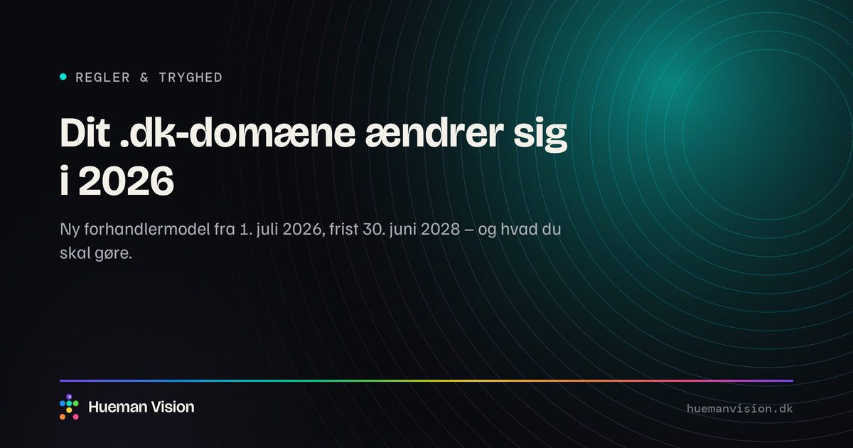 Mørkt grafisk banner med overskriften “Dit .dk-domæne ændrer sig i 2026”