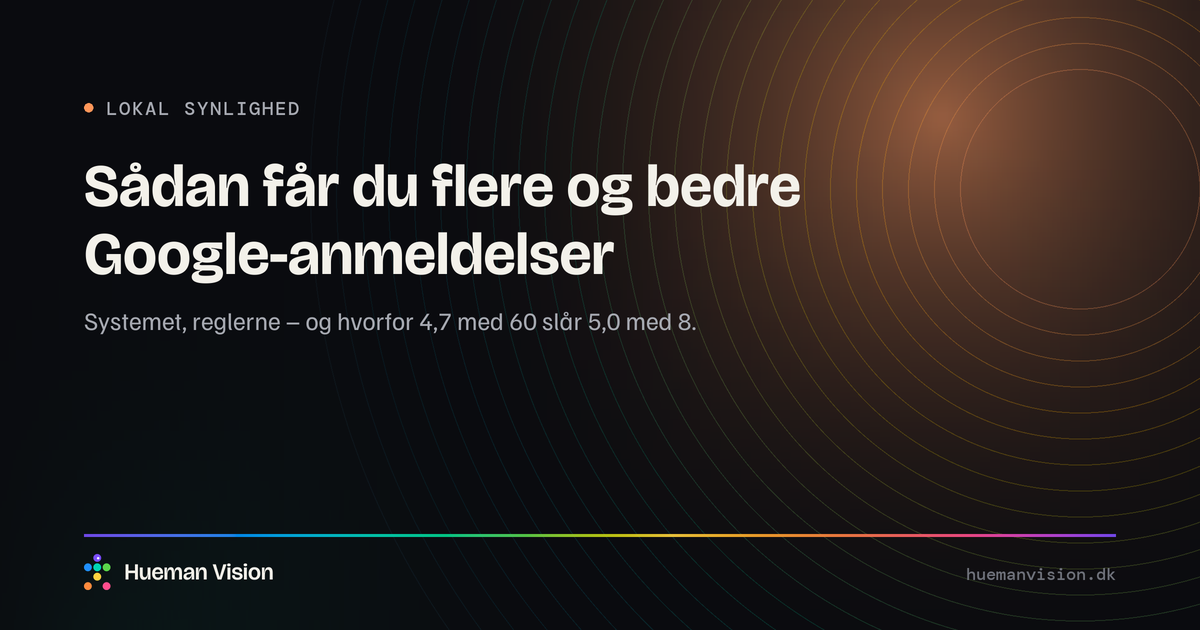 Mørkt grafisk banner med overskriften “Sådan får du flere og bedre Google-anmeldelser”