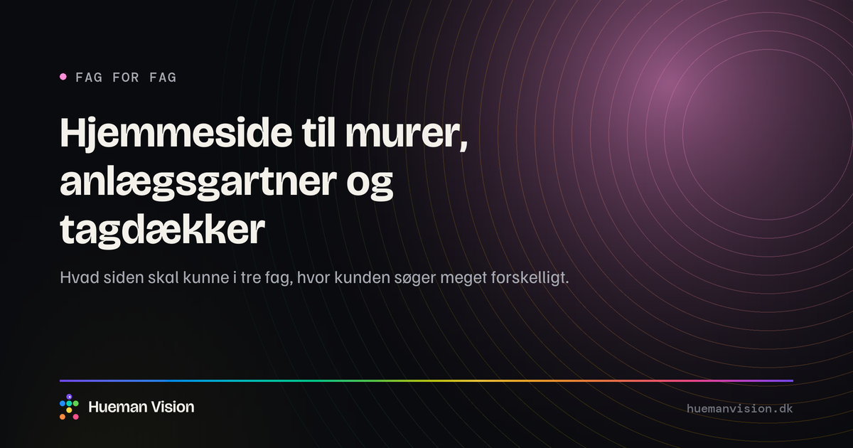 Mørkt grafisk banner med overskriften “Hjemmeside til murer, anlægsgartner og tagdækker”